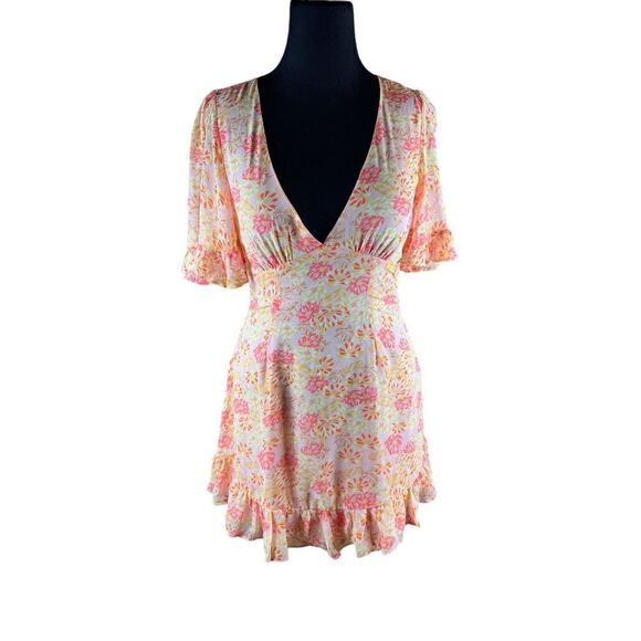 Here comes the Sun lightweight floral flutter sleeve summer dress open back L - Picture 3 of 10